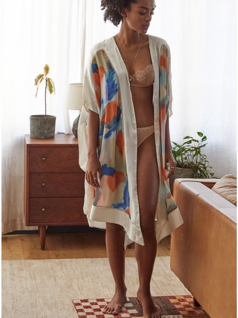 Anthropologie Cream Kimono Robe with Blue and Orange Abstract Print
